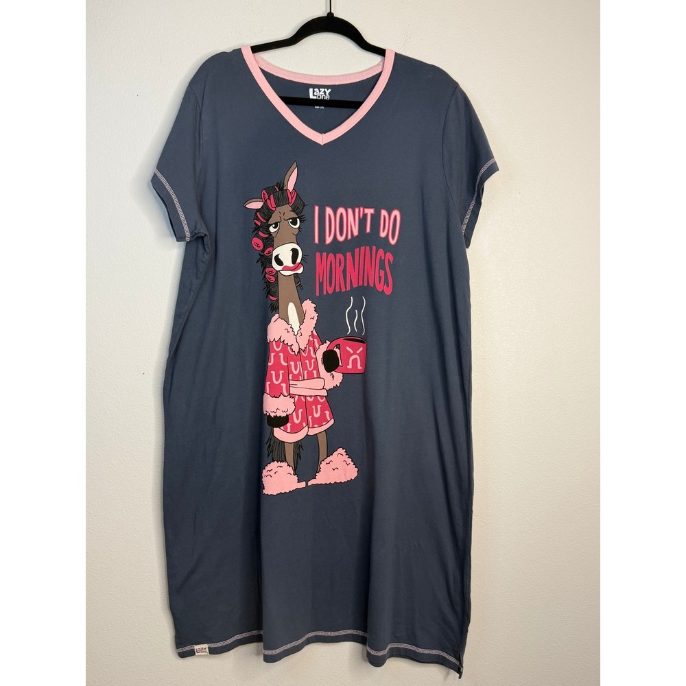 Lazy One Women I Don't Do Mornings Horse Cotton Nightshirt Sleep Dress L/XL NWT